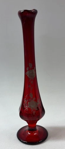FENTON Hand Painted RUBY RED 9” Swung Bud Vase Signed Hubbard