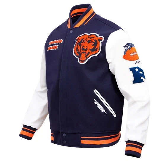 Chicago Bears Navy Blue Wool and White Sleeves Varsity Letterman Jacket