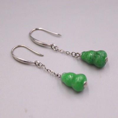Echt 925 Sterlingsilber Damen grüner Jadeit Kürbis Ohrringe Ohrhänger Haken 1,57 Zoll