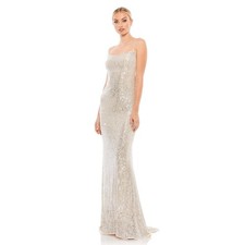 Mac Duggal 26269 Nude Silver Stretch Sequin Lace Up Back Evening Gown