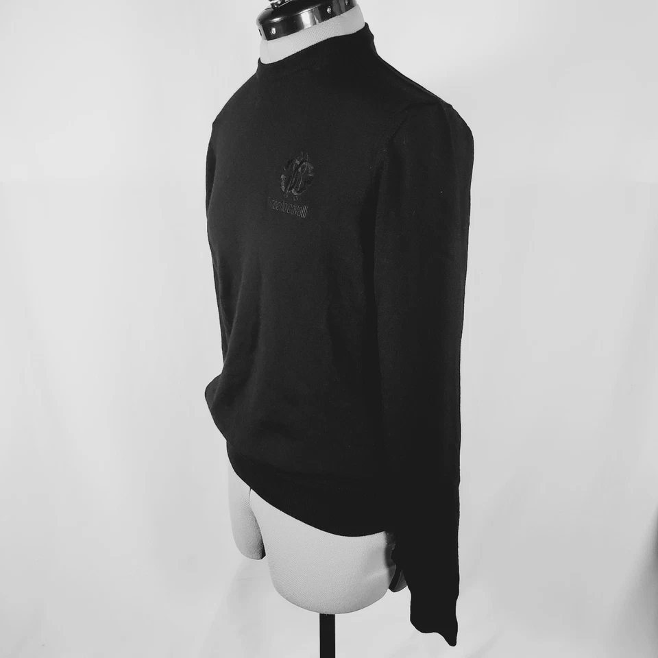 Suéter Roberto Cavalli Para Hombre Mediano Negro Lana Monograma Cuello Redondo Pullover Foto 3 de 4