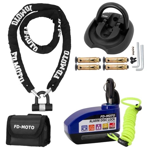 FD-MOTO 2M*10mm Motorbike Chain Lock U-Lock & CE Alarm Disc Lock & Ground Anchor