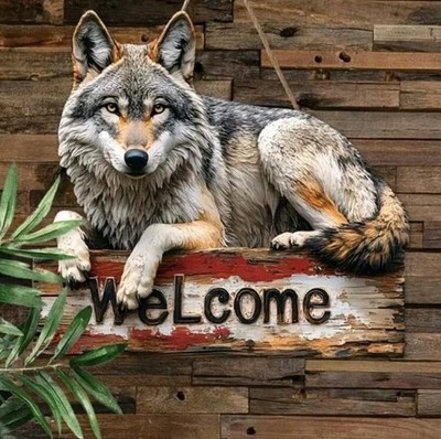 Fertig zum Aufhängen großer Wolf hängendes Willkommensschild aus Holz 25 cm x 23 cm