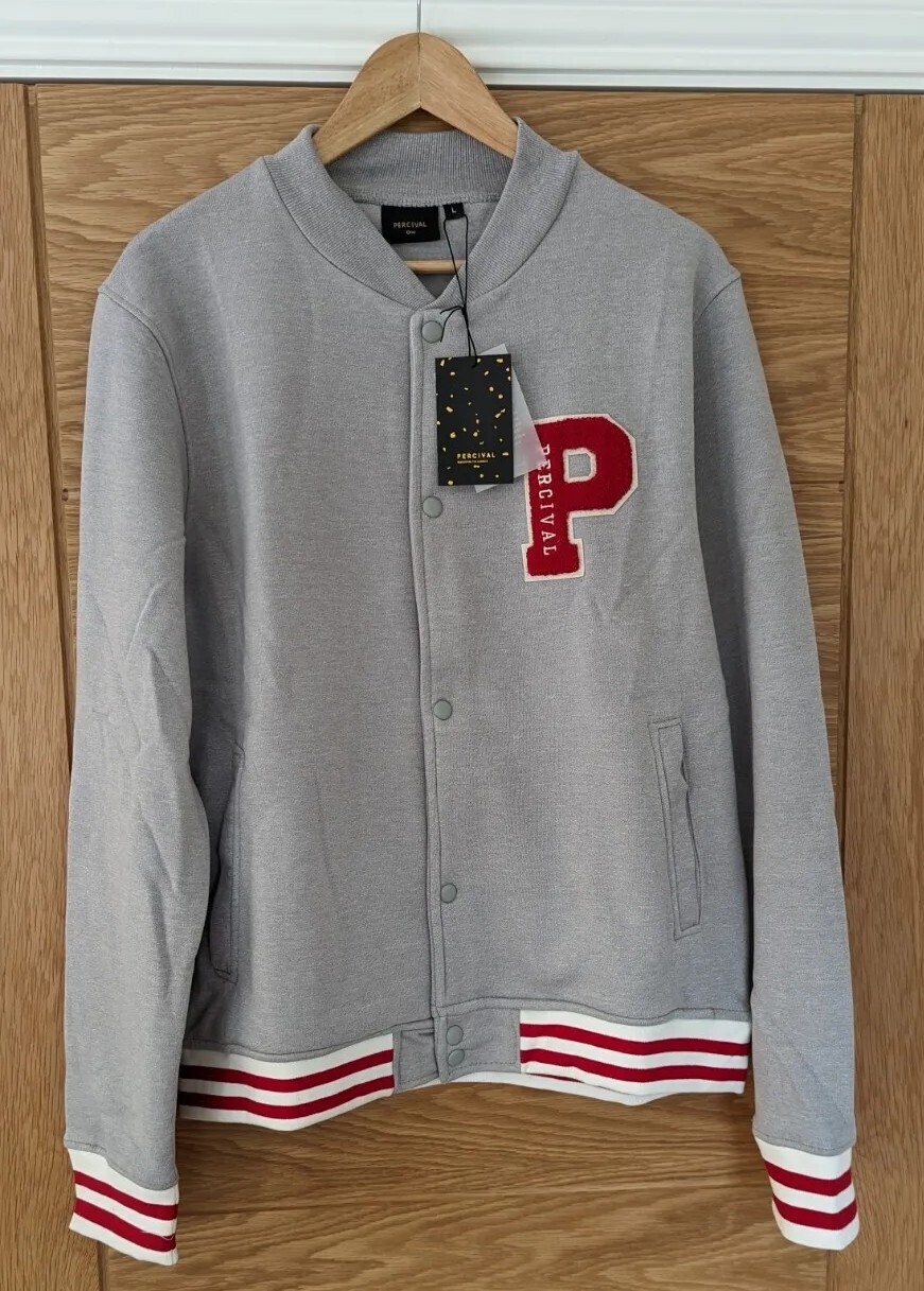 PERCIVAL Mens Varsity Bomber Jacket Grey/Red Brand New Size Medium RRP £80