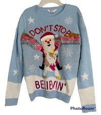 3D Christmas Sweater Santa Tinsel Jrs Sz L 11-13 Pullover Long Sleeve Knit NWT