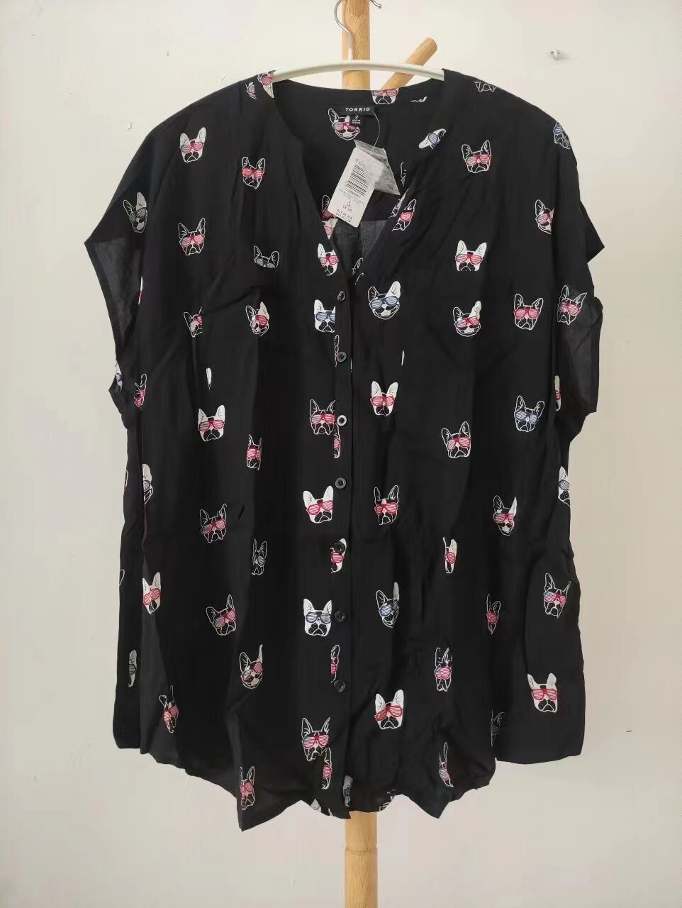 Brand New Torrid Black French Bulldog Print Challis Button Front Dolman