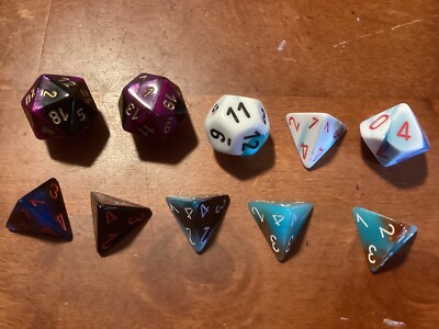 Lot of 10 Dice-GEMINI-Black/Purpl/Blue/Teal/White/Cop-D20/D4/D10/D12-CHESSEX-A57