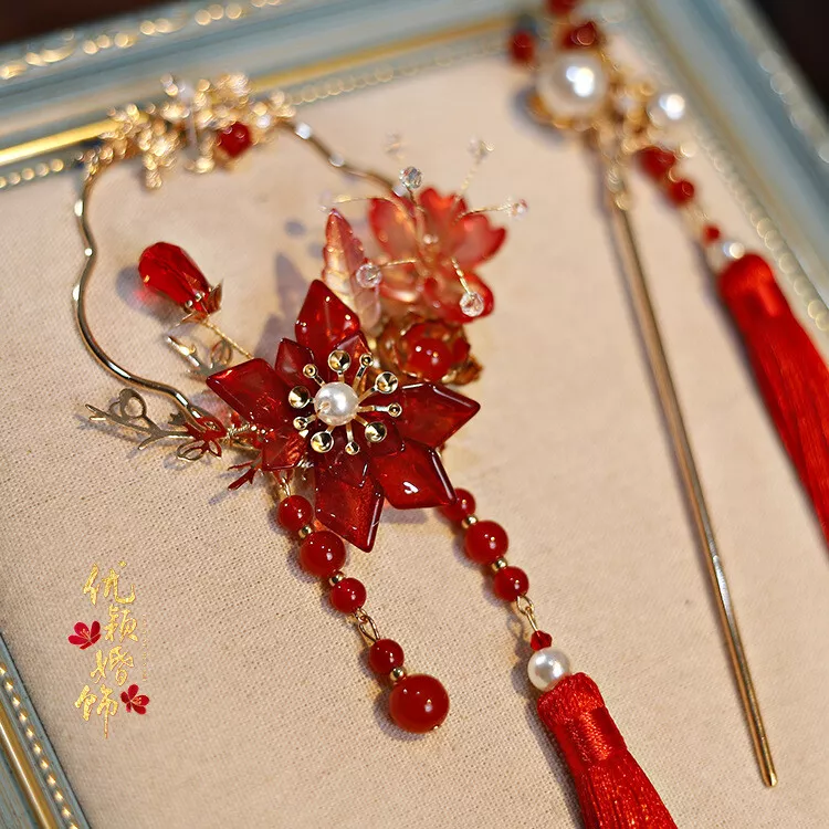 Red Chinese Hairpin Hair Ring Bride Wedding Hanfu Cheongsam Accessories Set - Image 4 of 4