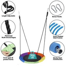 40" Round Rainbow Tree Saucer Swing with Adjustable Hanging Ropes for Kids