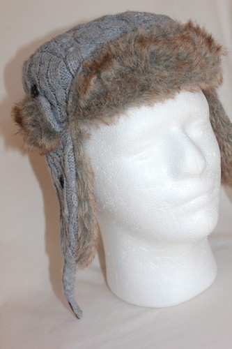 The Children's Place Winter knit gray hat faux fur ear flaps cover chin strap - Picture 4 of 9