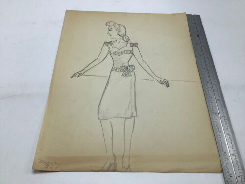 Dessin MODE Femme Original -- 1945 -- Distribuable avec robe, beaucoup d'Arcs - Photo 1 sur 3