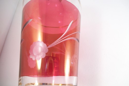 Vintage Ruby Flash Clear Glass Etched Flower Decanter & Cordial Set - Picture 11 of 12