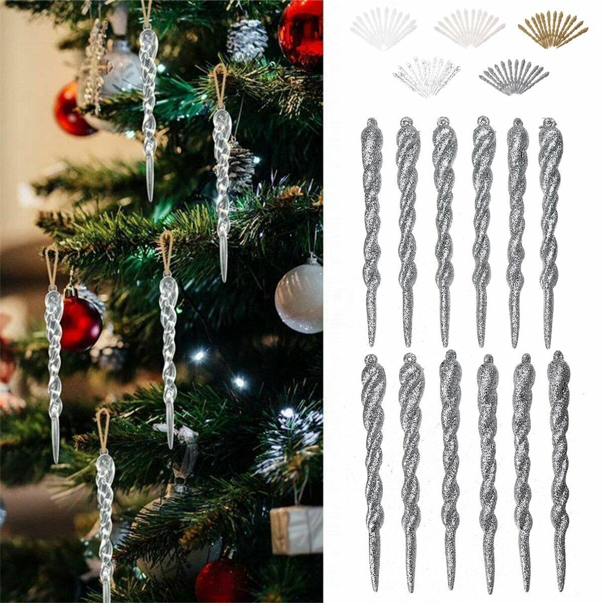 Hanging Icicle Christmas Tree Ornaments Glass Crystal Clear 12 Pcs Ornament