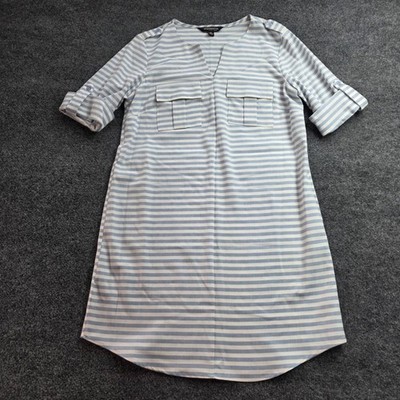 Sharagano Petite Striped Shift Dress Blue White Roll Tab Sleeve 6P Womens Mini