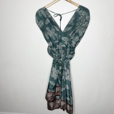 BCBGMaxazria Brown Teal Sash Waist Tie Silk Dress Womens 0 Y2K Boho *flaw