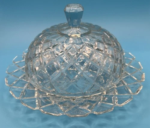 Vintage Butter Dish Anchor Hocking Waterford Clear Cut Glass Round Covered Lid