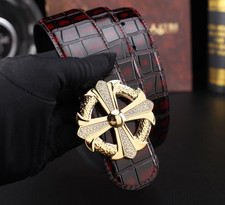 Chrome Hearts Men's Luxury Leather Belt Crystal Cross Round Buckle Luxury