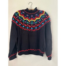 Vintage 80s Chaus Sweater Black Colorful Knit Mock Neck Embellished Size M