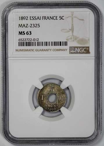 1892 France Essai 5 Centimes MAZ-2325 NGC MS 63