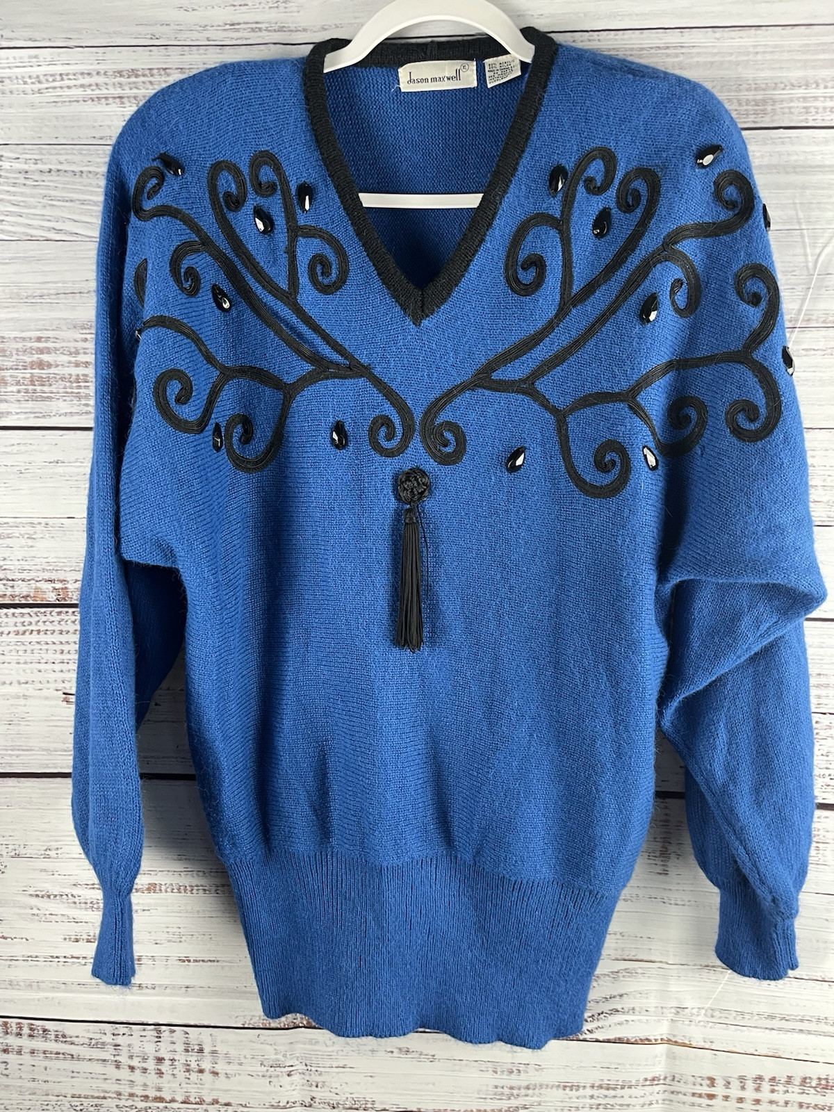 Jason Maxwell Sweater Women’s X-Large Blue V-neck Beaded Tassel Vintage