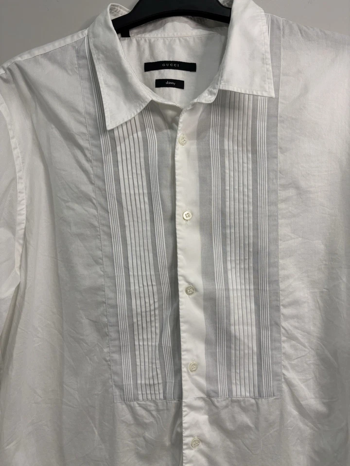 Gucci Men White Pleated Dress Shirt Skinny 100% Cotton Made In Italy Size 46-18 - Image 2 of 4