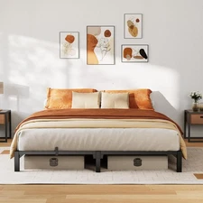 Metal Bed Frame with Extra Storage, Steel Slat Support for All Mattress Sizes