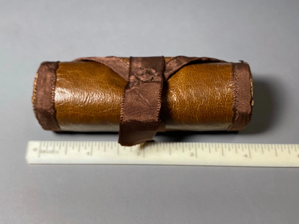 Antique Leather Sewing Roll Rollup Kit Thread Spool Holder Needle Case Thimble - Image 3 of 4