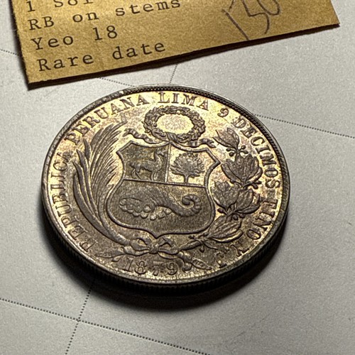 Peru 1 Sol Y.J RB auf Stielen Flankierung Datum 1879 seltenes Datum. 300 $ getönt Auswahl