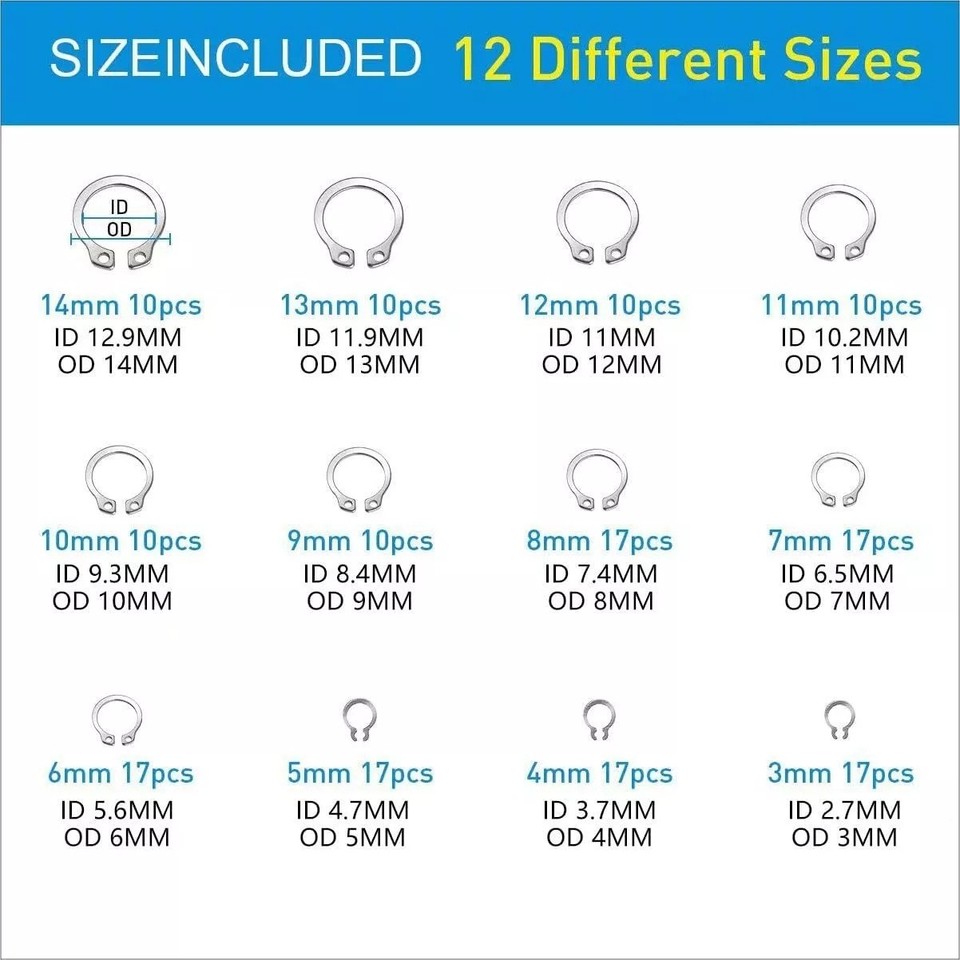 327Pcs Stainless Steel E-Clip C-Clip Circlip Kit Retaining Ring Assortment Set