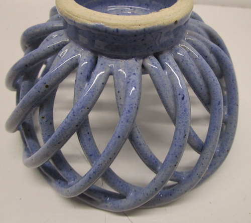 Cesta de cerámica tejida enrejada azul pequeño cuenco redondo tejido abierto 4 1/2" de diámetro - Imagen 3 de 3