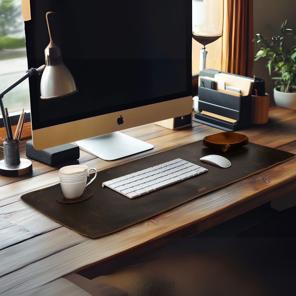 Genuine Leather Desk Mat for Desktop & Laptop with Tray & Coaster-32x16 ...