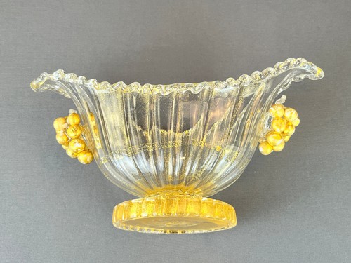 Mid-Century Barovier & Toso Murano Gilt Fleck 10 ¼” Oval Footed Bowl with Grapes - Picture 13 of 15