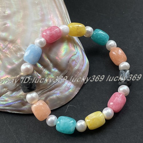 9x11mm Cylinder Aquamarine Jade Gems & White Pearl Stretch Bangle Bracelet 7.5" - Picture 10 of 32