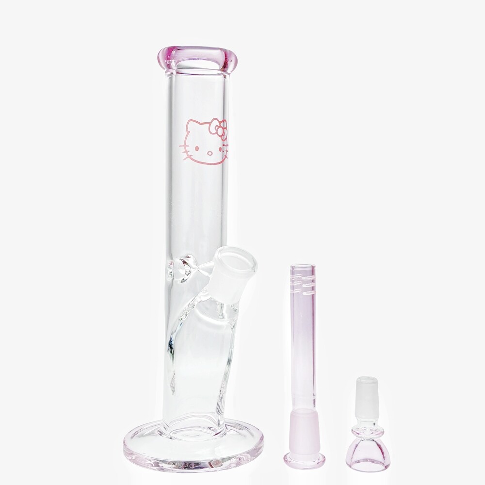 Bong de vidrio Sweet Kitty de 10" pipa de agua recta para fumar con vástago inferior rosa + tazón