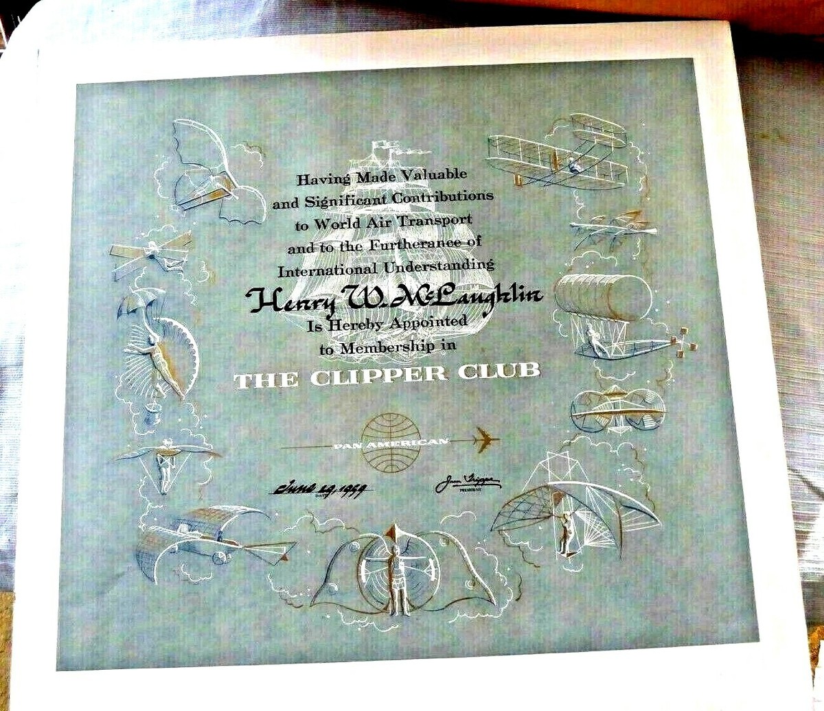 VINTAGE CERTIFICATE ILLUMINATED PAN AM CLIPPER CLUB PAN AMERICAN