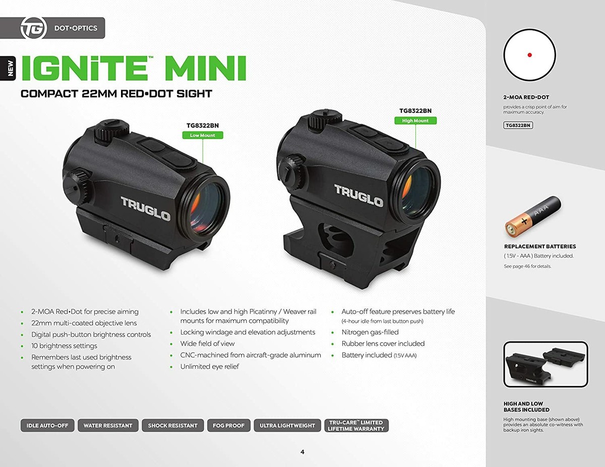 Truglo Ignite Compact Tactical 22mm Mini Red Dot Sight 2 MOA