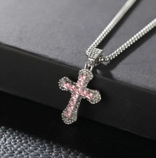 Iced Pink Silver Mini Cross Crucifix Stainless Steel Pendant 24" Chain Necklace