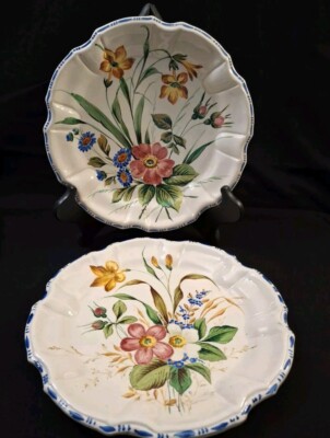 Vintage Nove Italy Two Floral Salad Plates 8.75''W HP Roses Daffodils Primula 