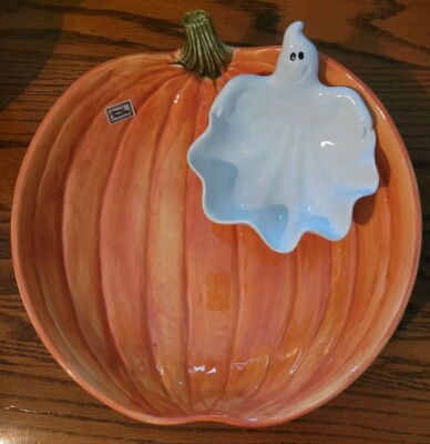 Fitz and Floyd Halloween Ghost Pumpkin Chip Dip Bowl Vintage 1987 Rare Find EUC