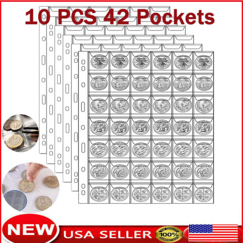 10x 42 Pockets Coin Holder Folder Pages Sheets For Collection Album Storage Book