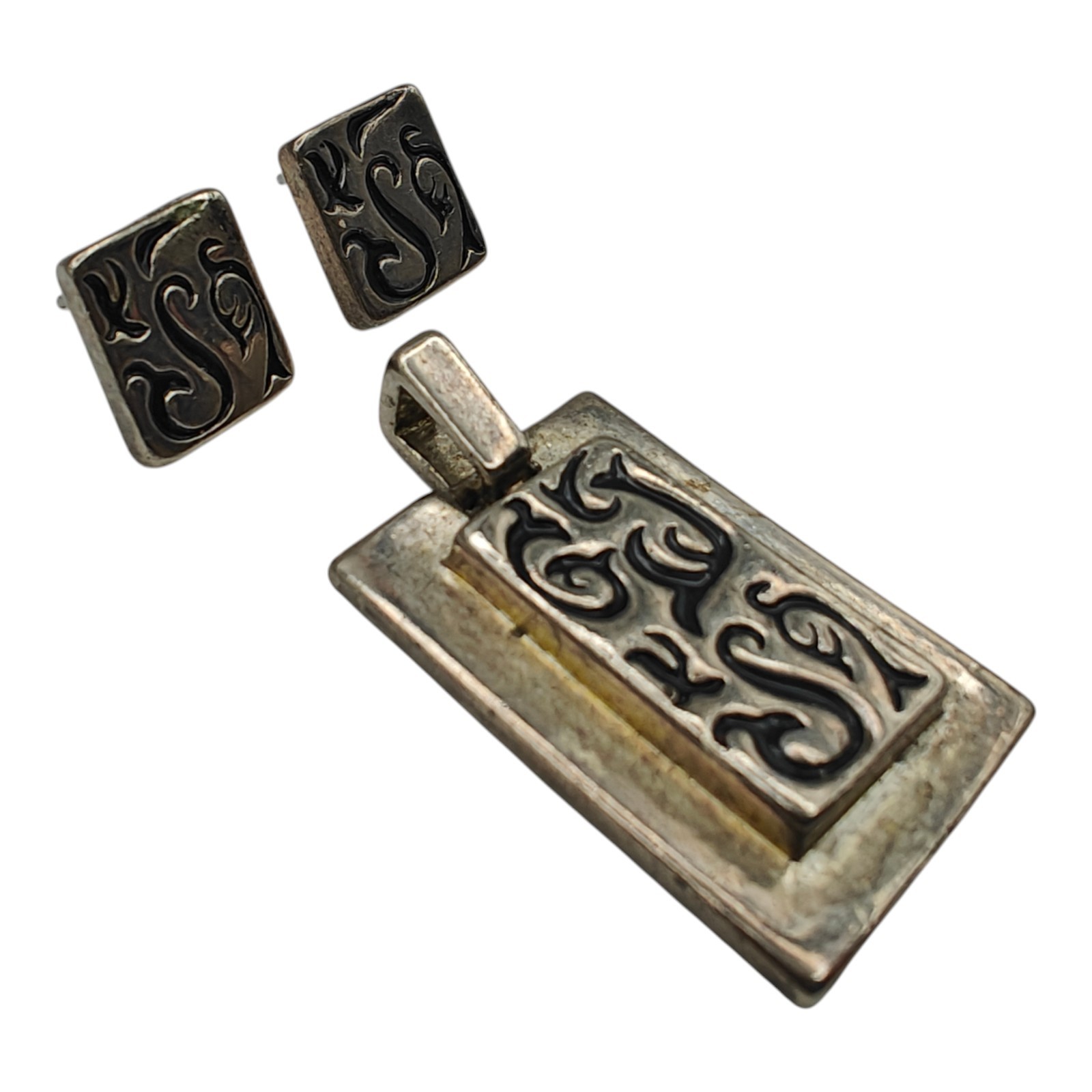 Scrolled Rectangle Charm And Earrings Pendant Sil… - image 4