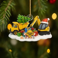 Kids Christmas Construction Truck Name Ornament, Personalized Christmas