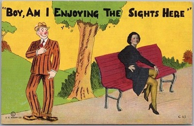 c1940s KROPP LINEN Comic Postcard ''Boy, Am I Enjoying the Sights Here'' Unused