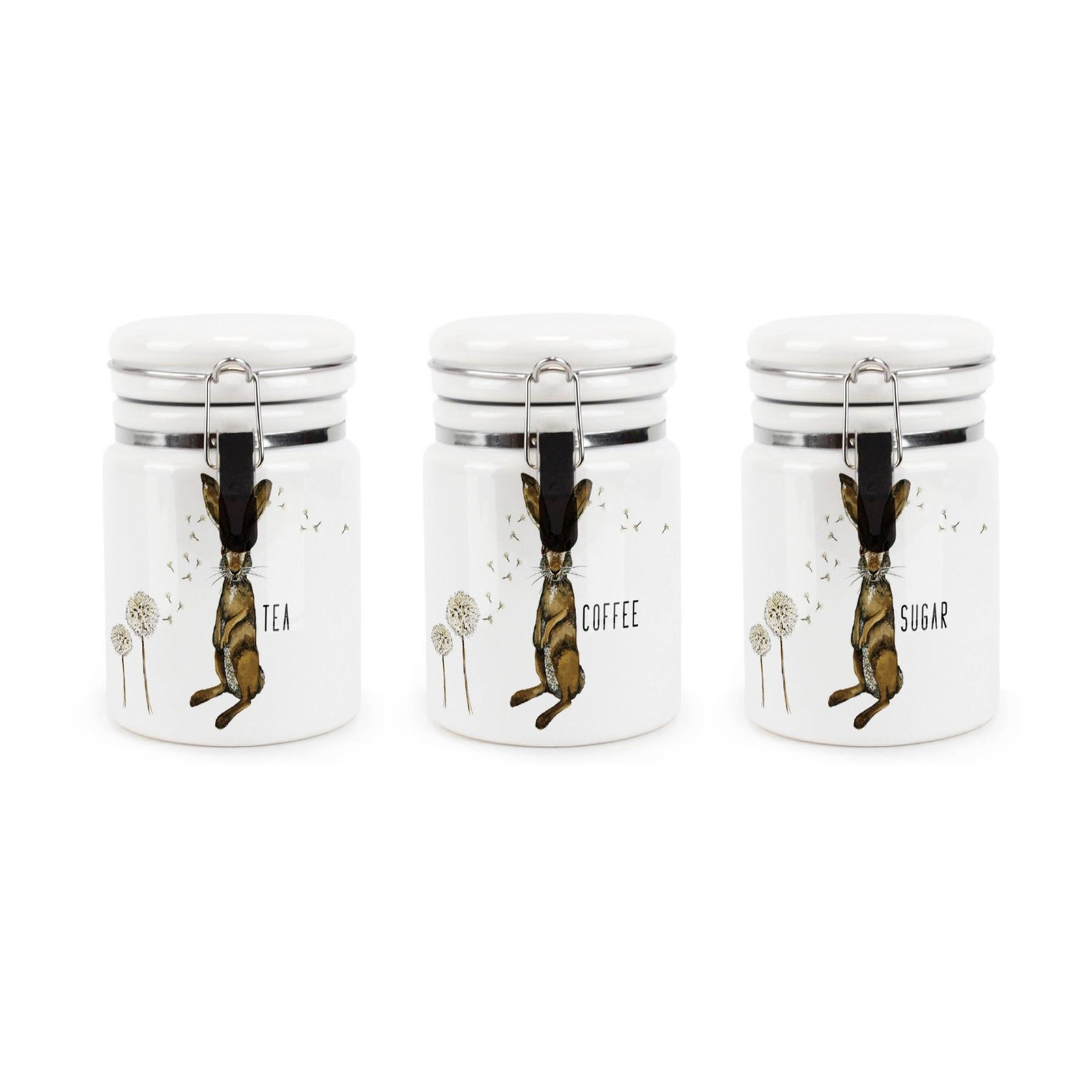 Ceramic Clip-Lid Hare & Dandelions Canisters - Tea, Coffee & Sugar Containers