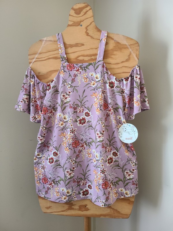 New Womens Multi-Color Floral Print Short Cold Shoulder Sleeve Top Sz L By Naif