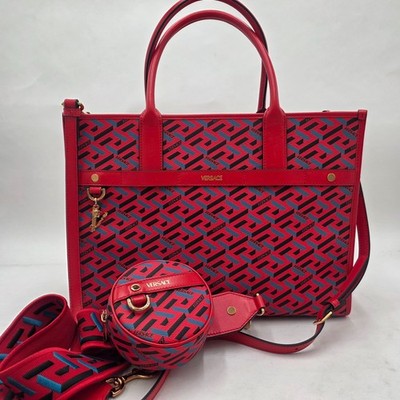 VERSACE Coated Canvas Calfskin La Greca Signature Tote Bag ( Pre-Owned )