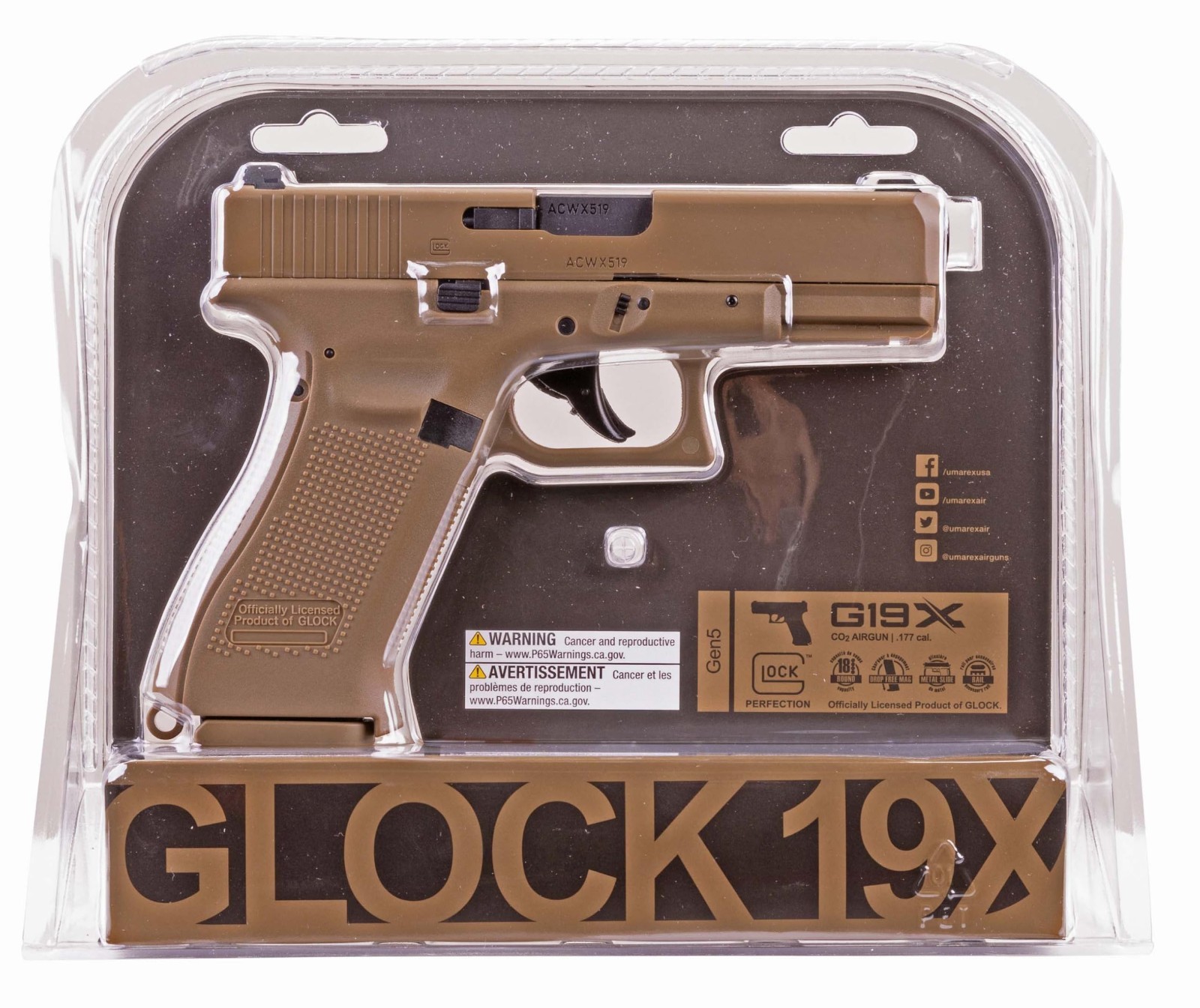 Umarex Glock 19X .177 Cal Air Pistol, Blowback w/ CO2 & BBs (2255212) Gen 5