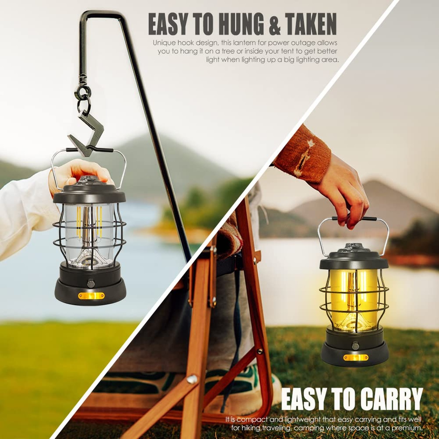 UniqueFire Retro Camping Lantern Rechargeable 1500LM 2 Modes Dimmable,Portabl...