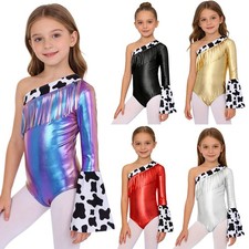 Kids Girls Bodysuit Party Jumpsuit Dance Leotard Metallic Patchwork Halloween