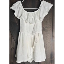 J for Justify White Romper Mini Dress Ruffle Off Shoulder Pom Pom Trim Small